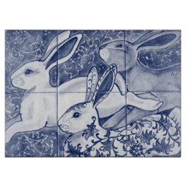 Blue White Rabbit Hare Tiled Chinoiserie Blommigt