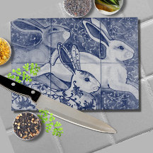 Blue White Rabbit Hare Tiled Chinoiserie Blommigt