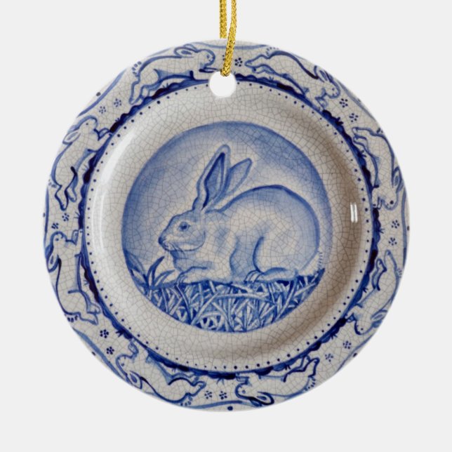 Blue & White Rabbit Pottery Dedham Delft Anpassnin Julgransprydnad Keramik (Framsidan)