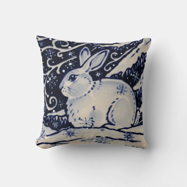 Blue White Rabbit Snö Winter Chinoiserie Cobalt Kudde (Framsida)