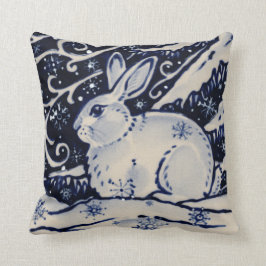 Blue White Rabbit Snö Winter Chinoiserie Cobalt Kudde