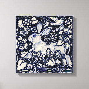 Blue & White Rabbit Summer Blommigt Bird Chinois A Canvastryck
