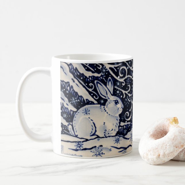 Blue & White Rabbit Tile Winter Woodland Snö Kaffemugg (Med munk)