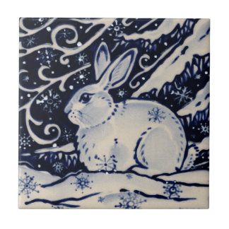 Blue White Rabbit Winter Snö Chinoiserie Cobalt Kakelplatta
