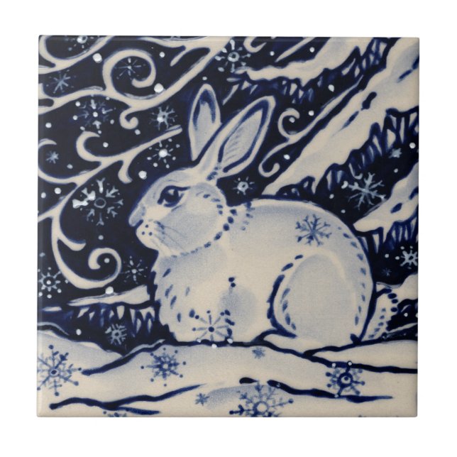 Blue White Rabbit Winter Snö Chinoiserie Cobalt Kakelplatta (Framsidan)