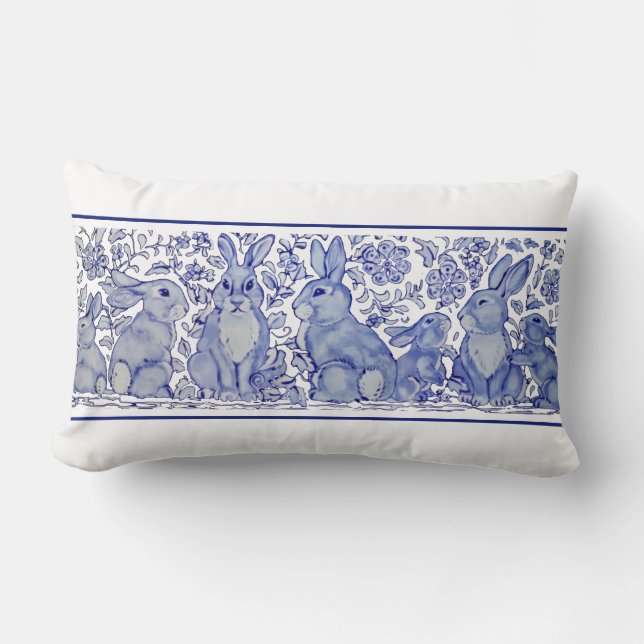 Blue & White Rabbit Woodland Bunny Delft Dedham Lumbarkudde (Framsida)