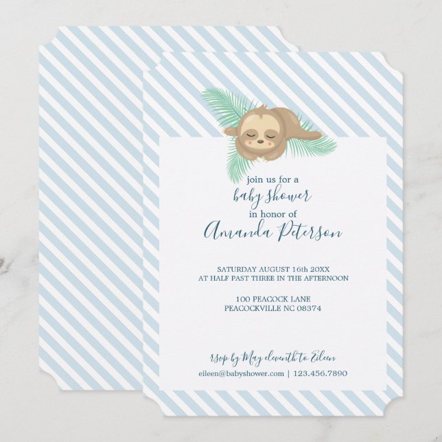 Blue & White Rand Baby Sloth Baby Shower Inbjudningar (Fram/baksida)