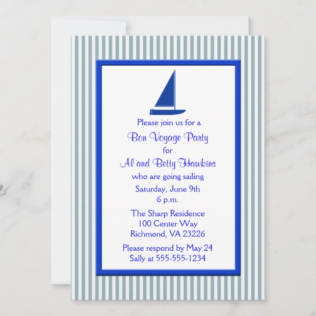 Blue White Rand Boat Bon Voyage Party Inbjudningar (Framsida)