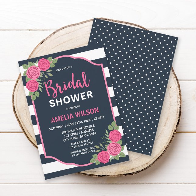 Blue White Rand Rosa ros Möhippa Inbjudningar (Skapare uppladdad)