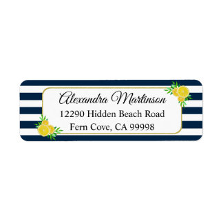 Blue White Rand, sommartid, Gult Watercolor Lemon Returadress Etikett