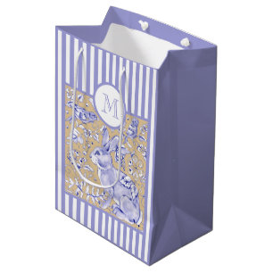 Blue White Rand Tan Rabbit Bird Blommigt Monogram