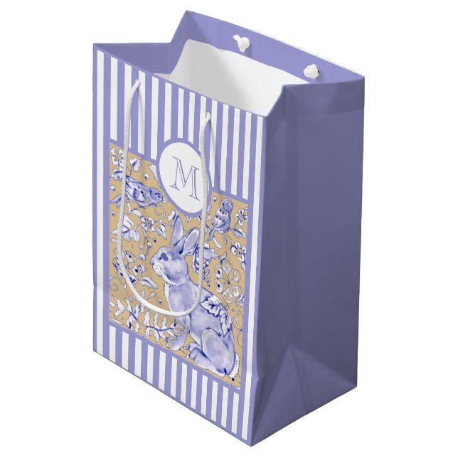 Blue White Rand Tan Rabbit Bird Blommigt Monogram (Framsidan Vinklad)