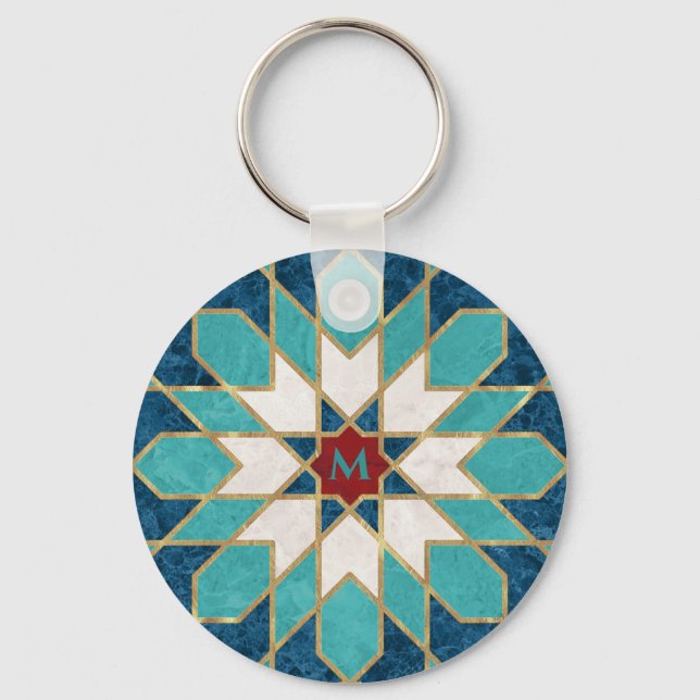 Blue White Red Marble Moroccan Mosaic Monogram Nyckelring (Framsida)