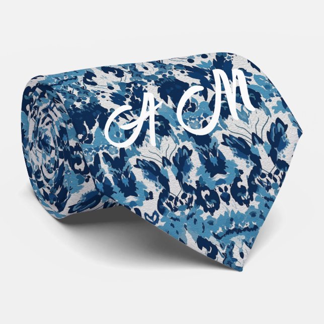 Blue White Retro Ikat Mönster 2 Monogram Initialer Slips (Rullad)