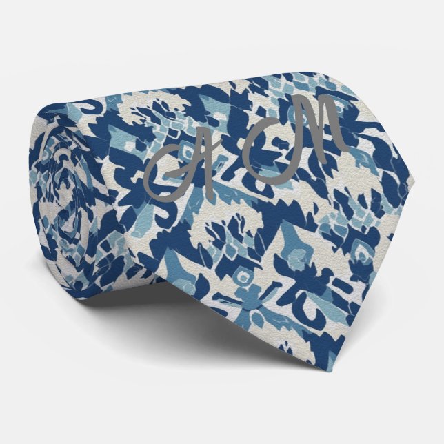 Blue White Retro Ikat Mönster 3 Monogram Initialer Slips (Rullad)