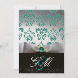 BLUE WHITE RIBBON BLACK DAMASK MONOGRAM Champagne Inbjudningar