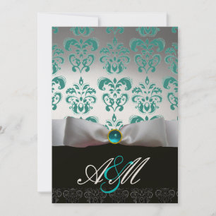 BLUE WHITE RIBBON & BLACK DAMASK MONOGRAM Guld Inbjudningar