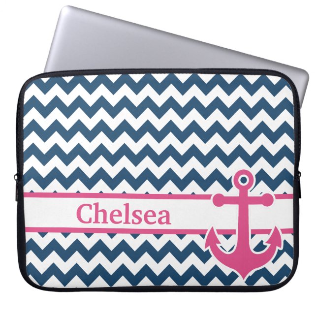 Blue White Rosa Chevron Anchor Namn Laptop Fodral (Framsidan)