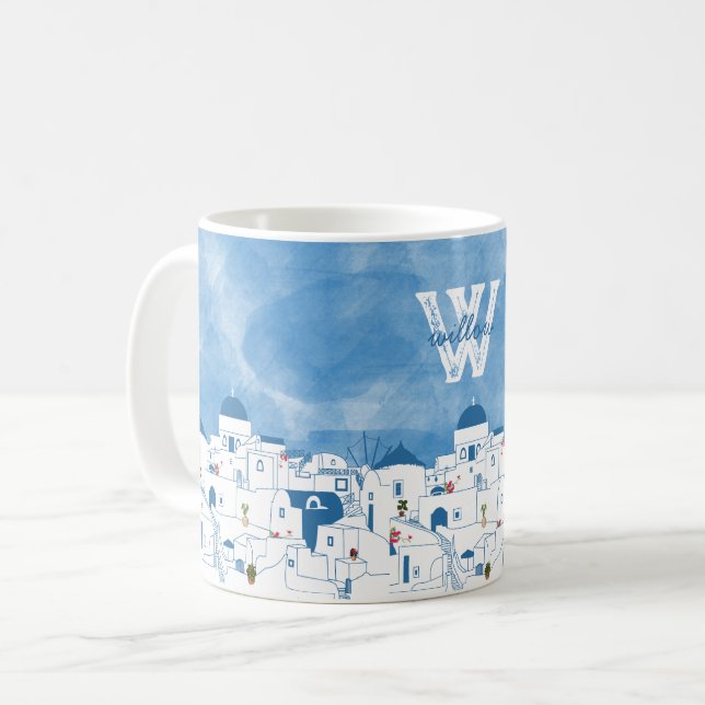 Blue & White Santorini Greece Monogram Kaffemugg (Framsida vänster)