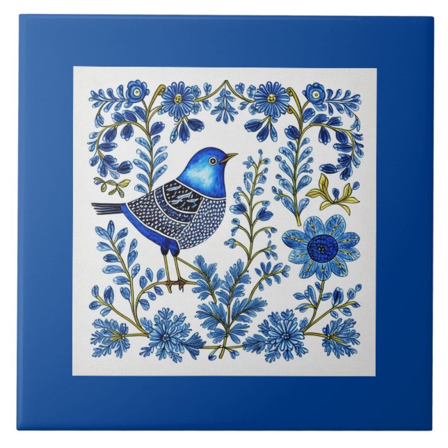 Blue & White Scandi inspirerade folkkonst Kakelplatta (Framsidan)