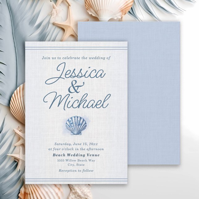 Blue White Seashell Nautical Beach Wedding Inbjudningar (Blue and white seashell beach wedding invitation)