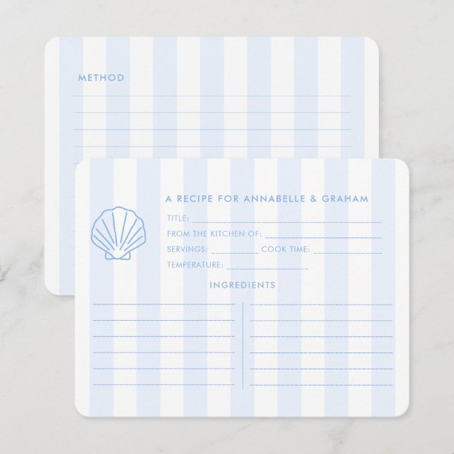 Blue White Shell Beachy Bridal Shower Recipe Card Inbjudningar (Fram/baksida)