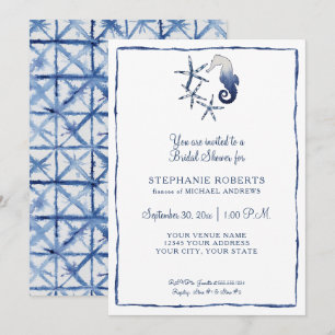 Blue White Shibori Seahorse Starfish Beach Möhippa Inbjudningar