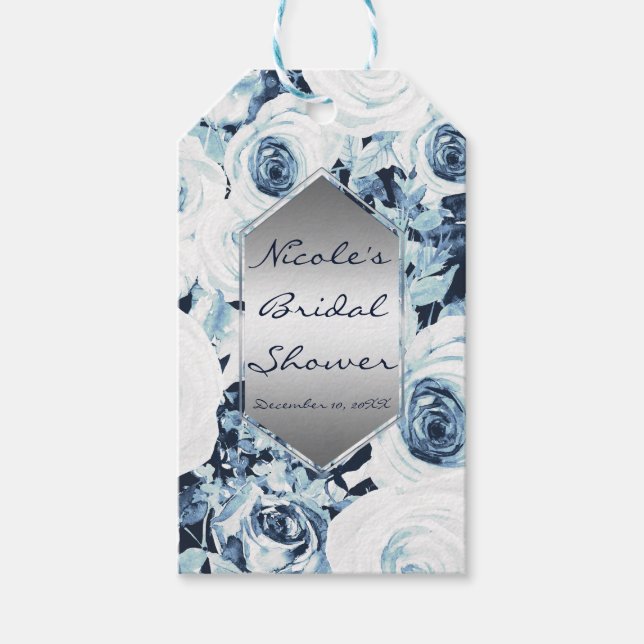 Blue White Silver Winter Wedding Vintage Ro Presentetikett (Framsidan)