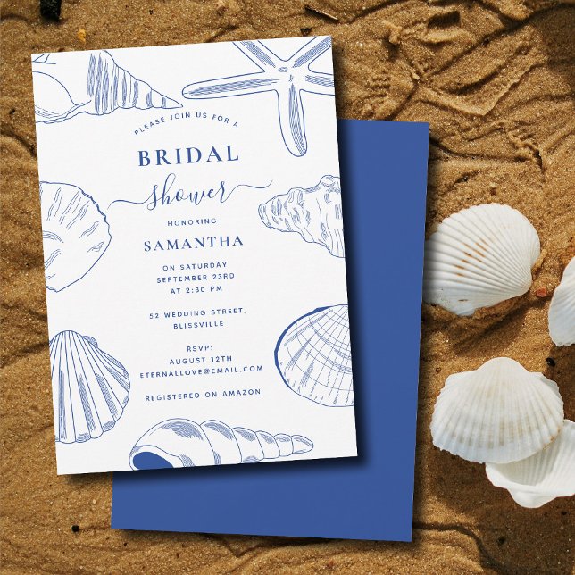 Blue White Snäckors Beach Summer Möhippa Inbjudningar (Blue White Sea Shells Beach Summer Bridal Shower Invitation)