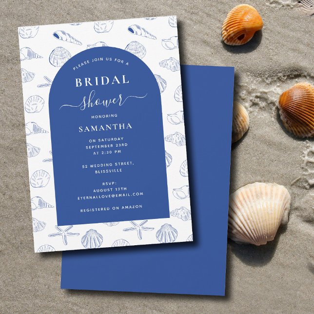 Blue White Snäckors Beach Summer Möhippa Inbjudningar (Blue White Sea Shells Beach Summer Bridal Shower Invitation)
