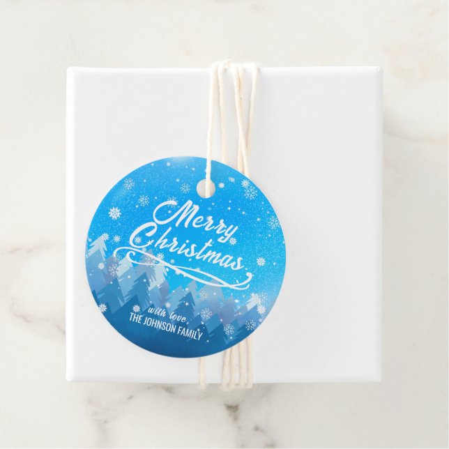 Blue White Snö fredliga skogen God jul Gåvor Etiketter (På plats)