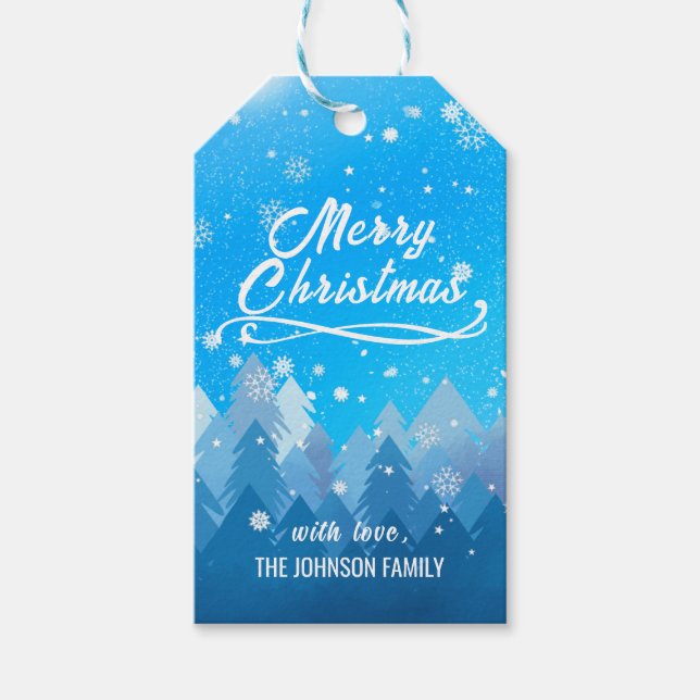 Blue White Snö fredliga skogen God jul Presentetikett (Framsidan)