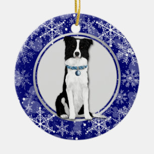 Blue White Snowflake Gräns Collie jul Julgransprydnad Keramik