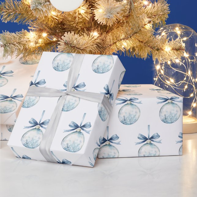 Blue White Snowflakes Bows Bulbs Christmas Presentpapper (Helgdagar)