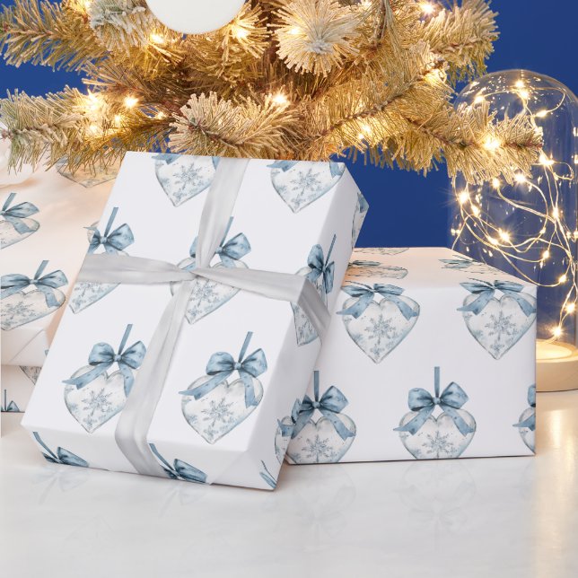 Blue White Snowflakes Bows Hearts Christmas Presentpapper (Helgdagar)
