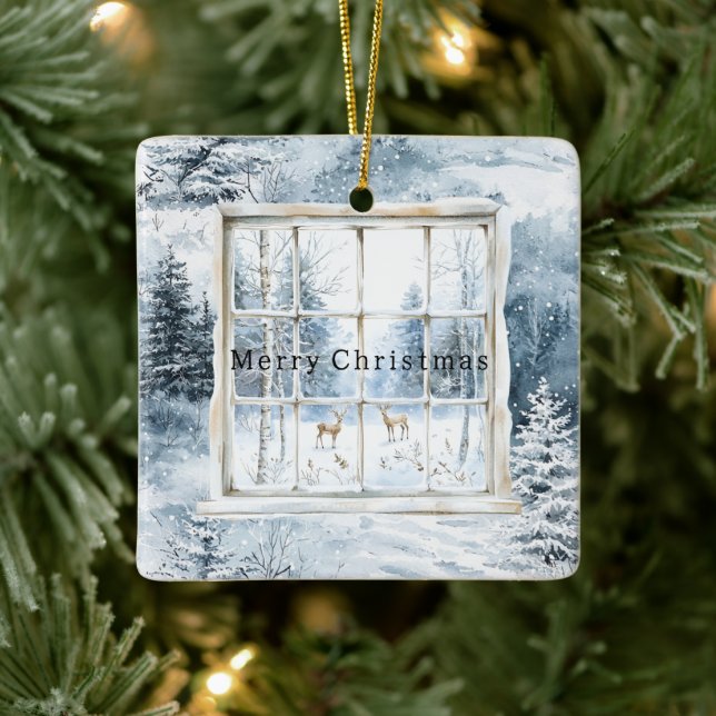 Blue White Snowflakes Deer Window Christmas Julgransprydnad Keramik (Träd)