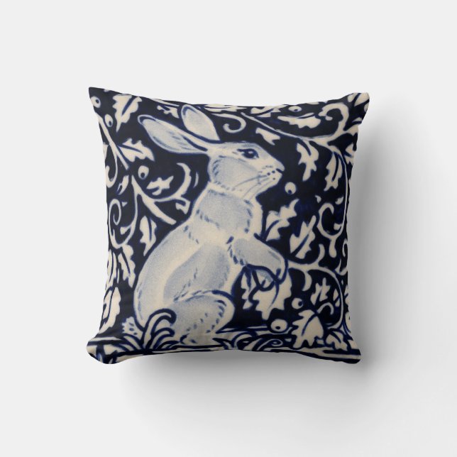 Blue White Stabbit Hare Bunny Chinoiserie Kudde (Framsida)