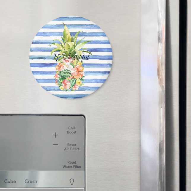 Blue White Stripes Tropical Floral Pineapple Magnet (In Situ (Fridge))
