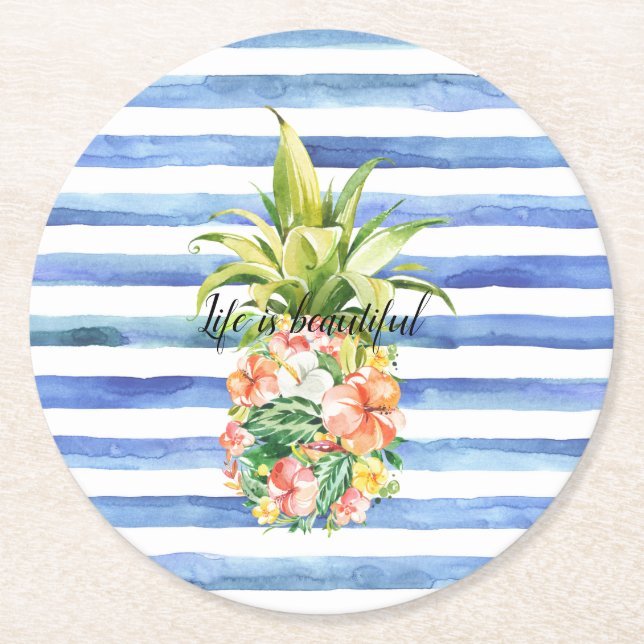 Blue White Stripes Tropical Floral Pineapple Underlägg Papper Rund (Framsidan)
