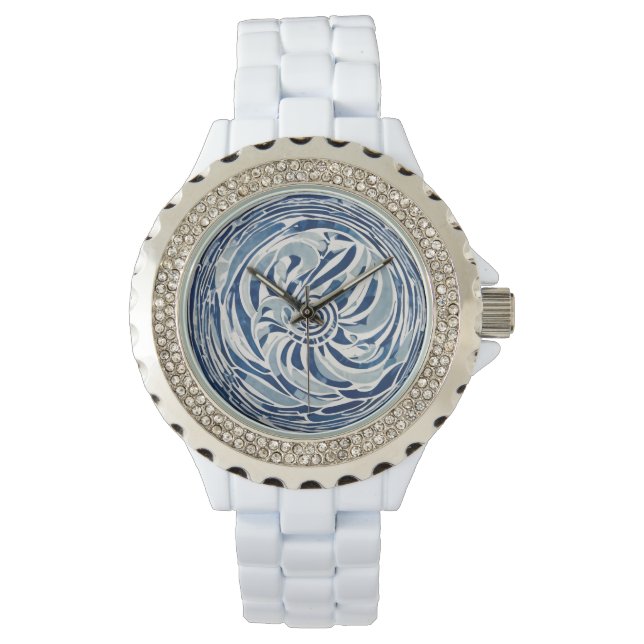 Blue White Swirl Mönster 02 Armbandsur (Framsida)