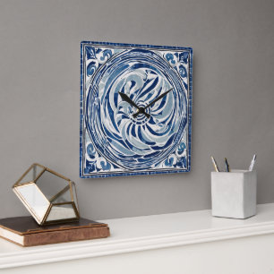 Blue White Swirl Mönster 02 Fyrkantig Klocka