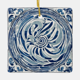Blue White Swirl Mönster 02 Julgransprydnad Keramik