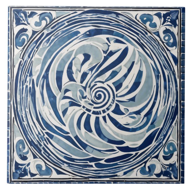 Blue White Swirl Mönster 02 Kakelplatta (Framsidan)