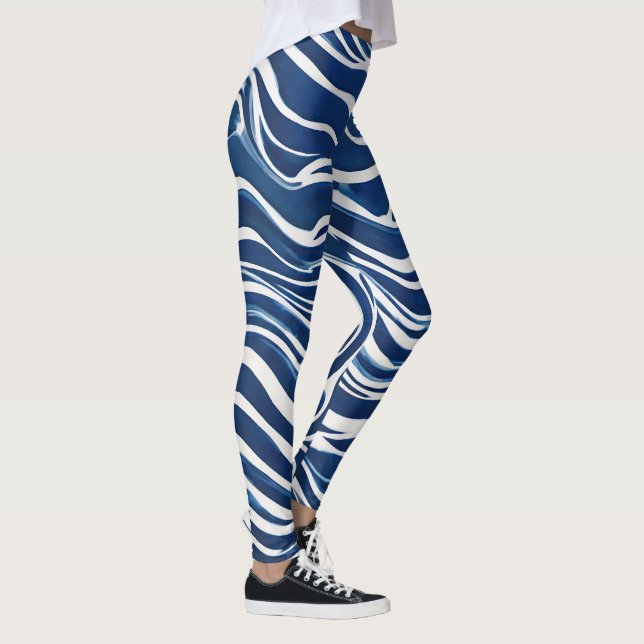 Blue White Swirl Mönster 06 Leggings (Höger)