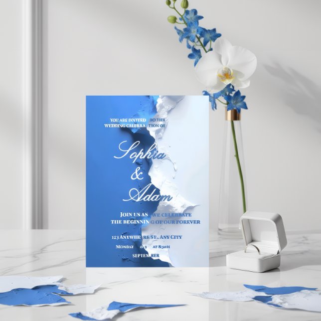 Blue & White Textured Art Wedding Invitation  Spara Datumet (Skapare uppladdad)