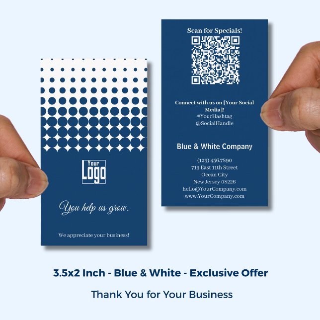 Blue White Thank You, QR Access to Special Offer Visitkort (Blue White Thank You, QR Access to Special Offer Business Card; Size: 3.5x2 Inch)
