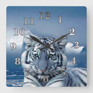 Blue White Tiger Fyrkantig Klocka