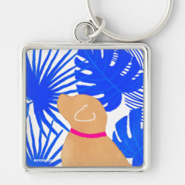 Blue White Tropical Island Gult Hund Keychain Fyrkantig Silverfärgad Nyckelring