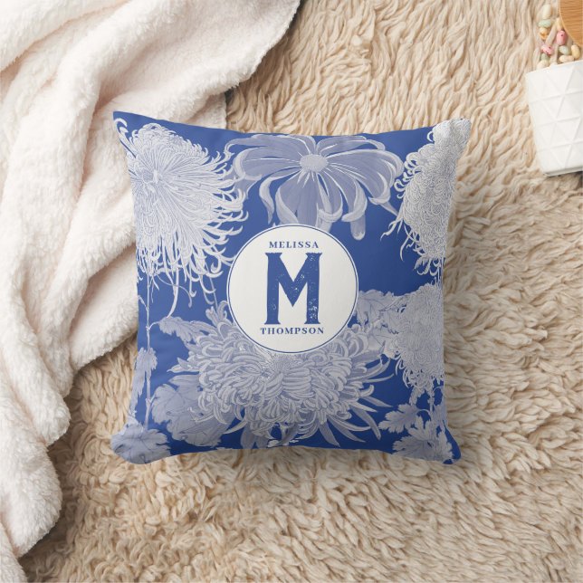 Blue White Vintage Chinoiserie Blommigt Monogram Kudde (Filt)