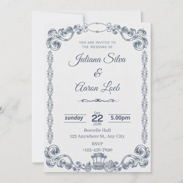 Blue White Vintage Classic Elegant Wedding Invitat Inbjudningar (Framsida)
